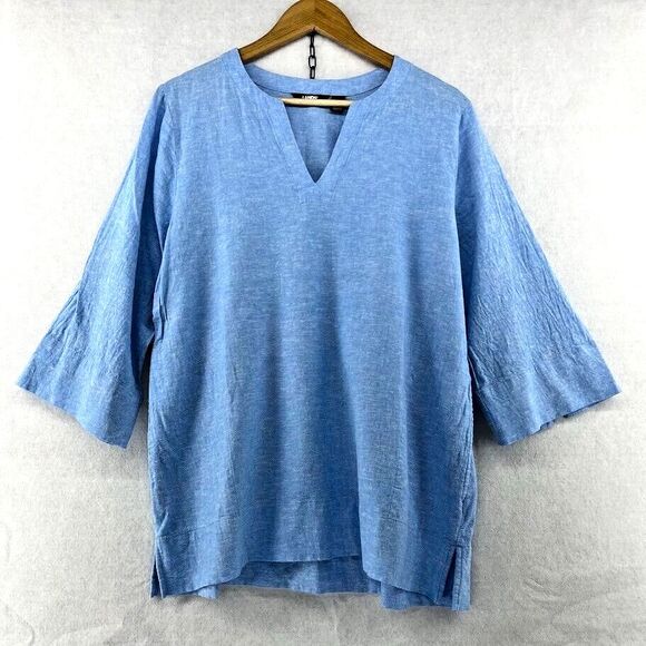 Lands' End Women's Spilt Neck 3/4 Sleeve Tunic Top Blue‎ Size Large Linen Blend - Picture 1 of 7
